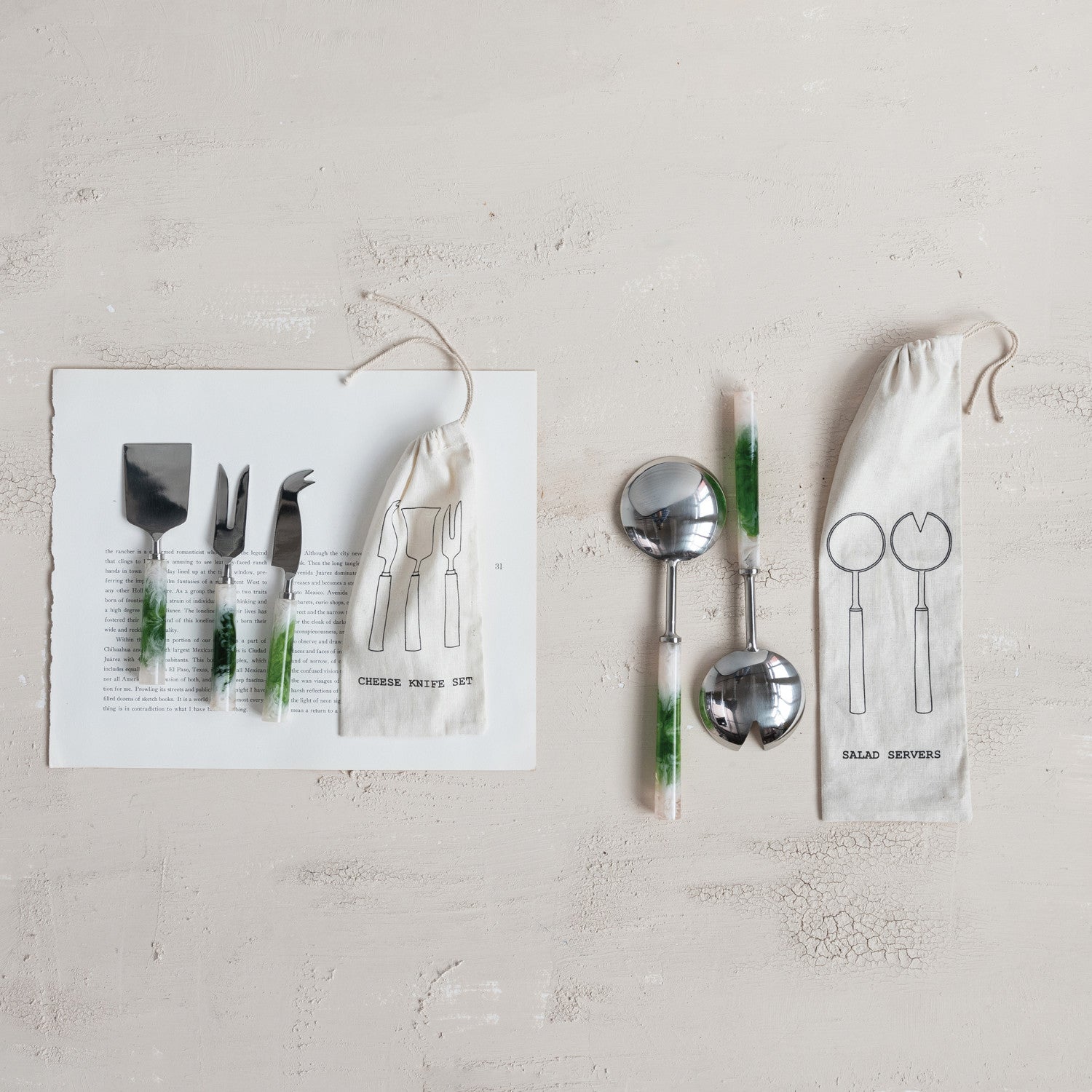 Green Marbled Stainless Steel Cheese Utensils, Set of 3 in Bag