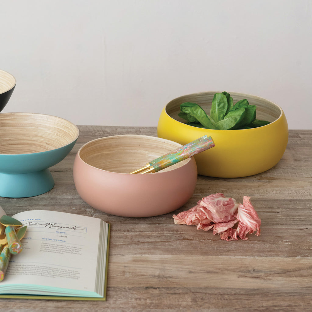 Bamboo Bowls w/ Natural Finish Inside, Matte Pink & Yellow
