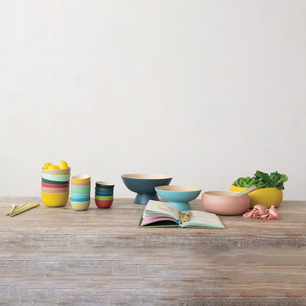 Bamboo Bowls w/ Natural Finish Inside, Matte Pink & Yellow