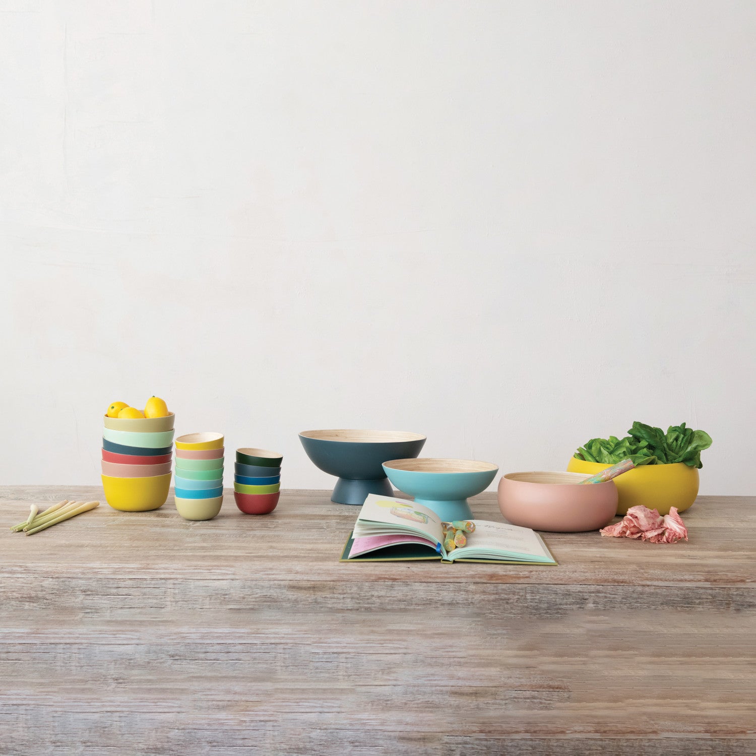 Bamboo Bowls w/ Natural Finish Inside, Matte Pink & Yellow