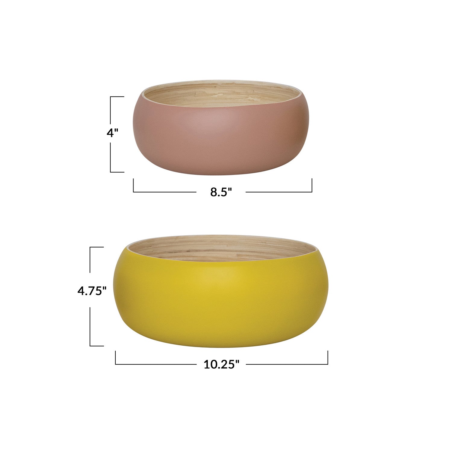 Bamboo Bowls w/ Natural Finish Inside, Matte Pink & Yellow
