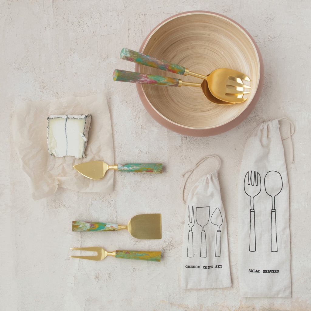 Salad Servers w/ Marbled Resin Handles, Set of 2 in Drawstring Bag