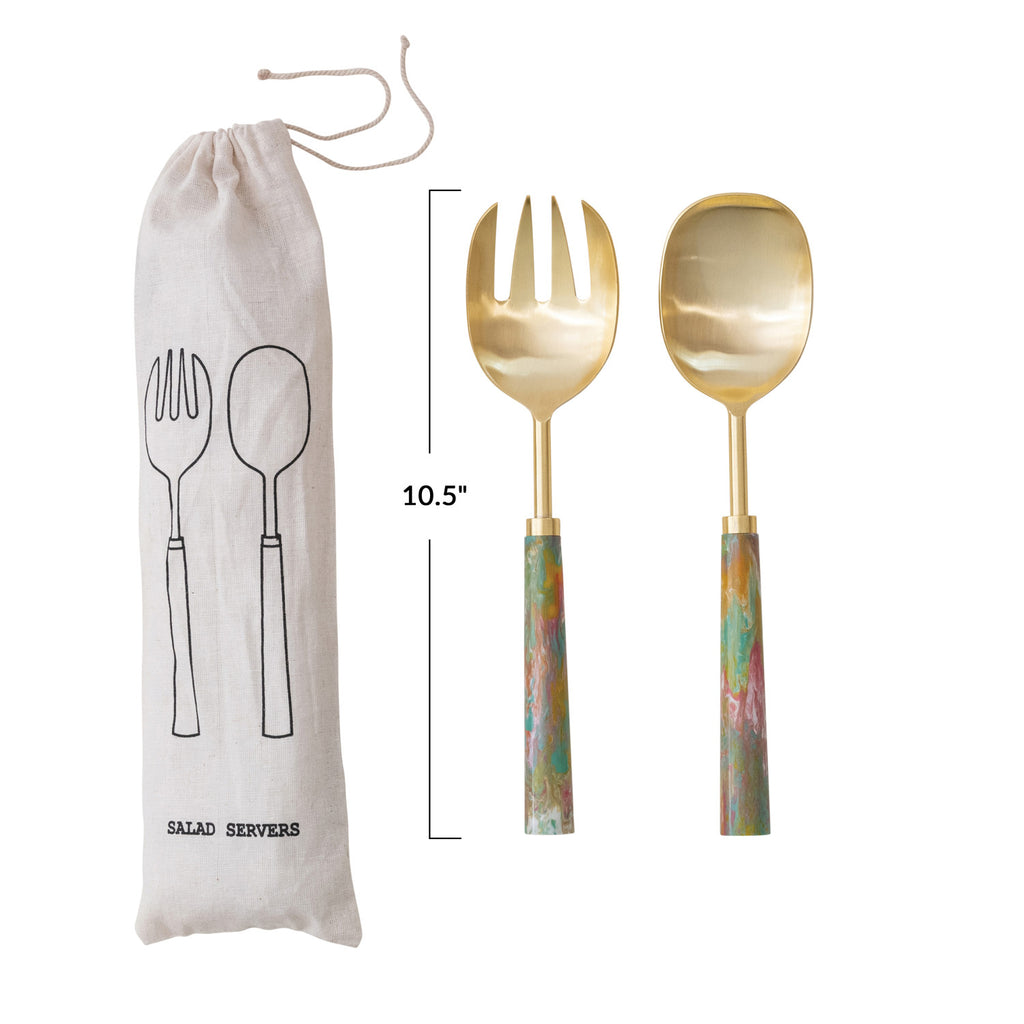 Salad Servers w/ Marbled Resin Handles, Set of 2 in Drawstring Bag