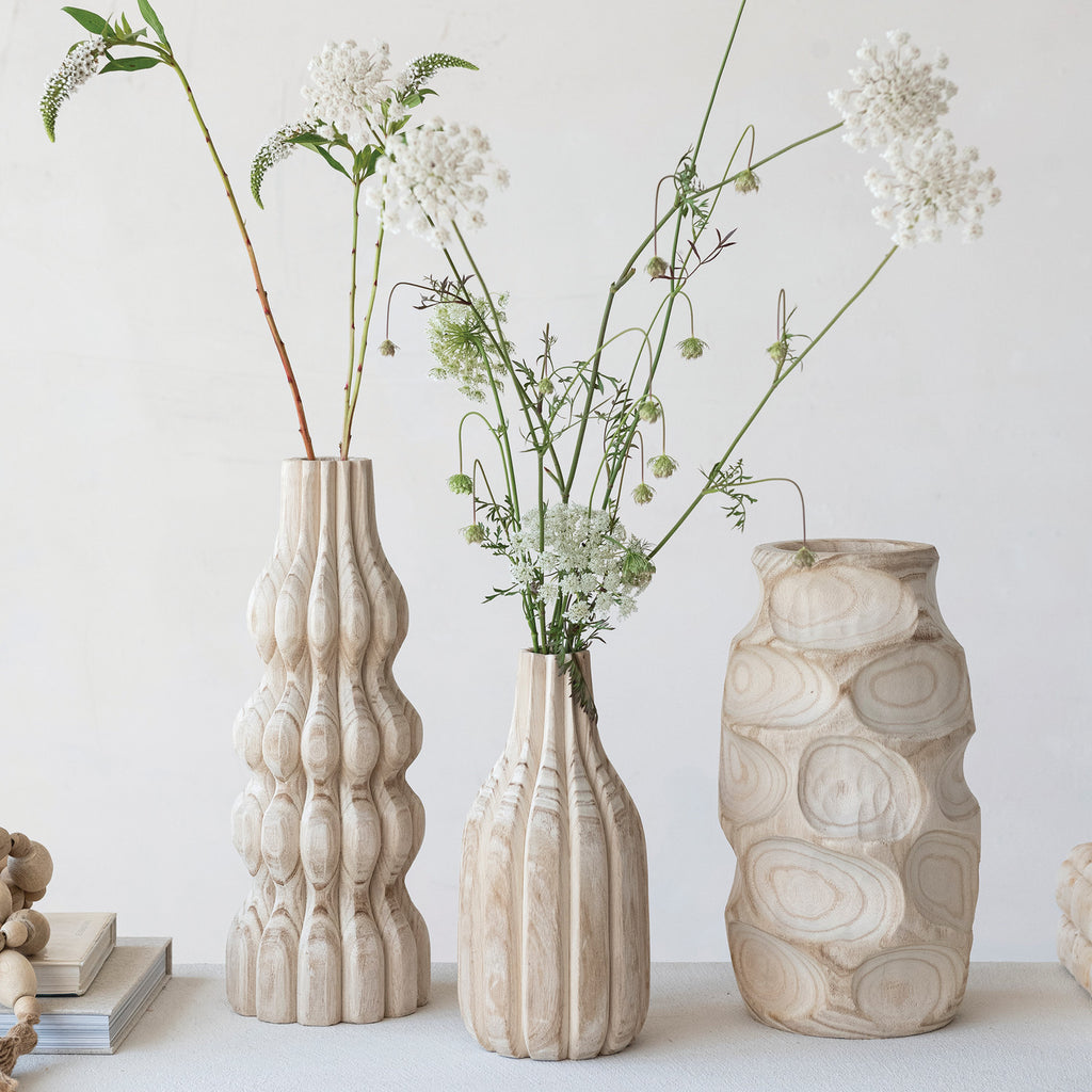 Decorative Carved Paulownia Wood Vase, Natural