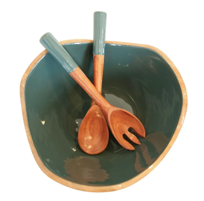Salad / Serving Bowl with Utensils- Dark Green