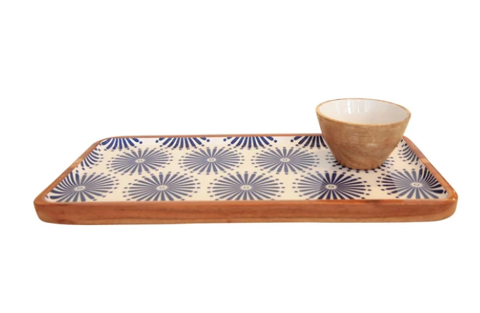 Acacia & Enamel Tray and Bowl Set
