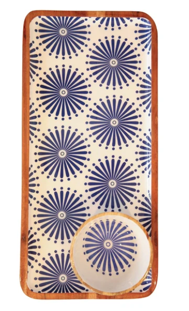 Acacia & Enamel Tray and Bowl Set