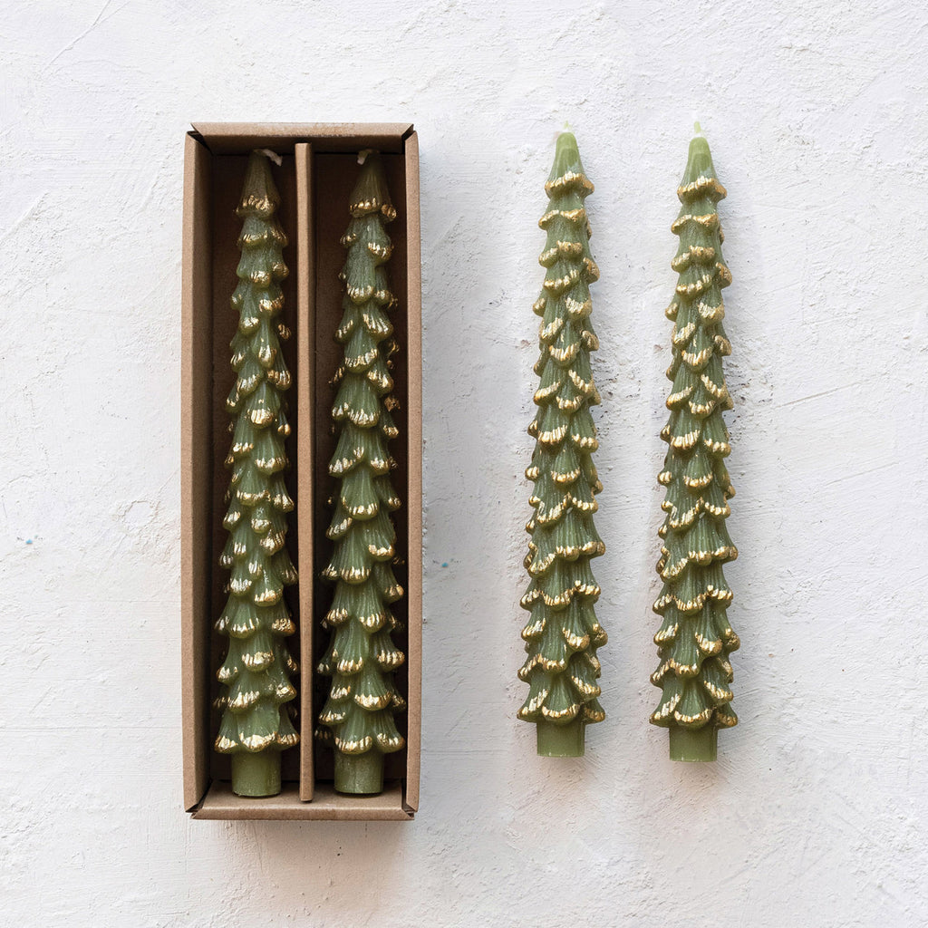 Tree Shaped Taper Candles w/ Gold Tips in Box, Set of 2