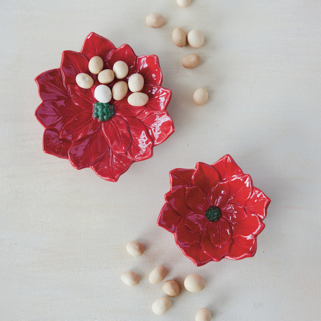 Hand-Painted Ceramic Poinsettia Shaped Dish, Red & Green