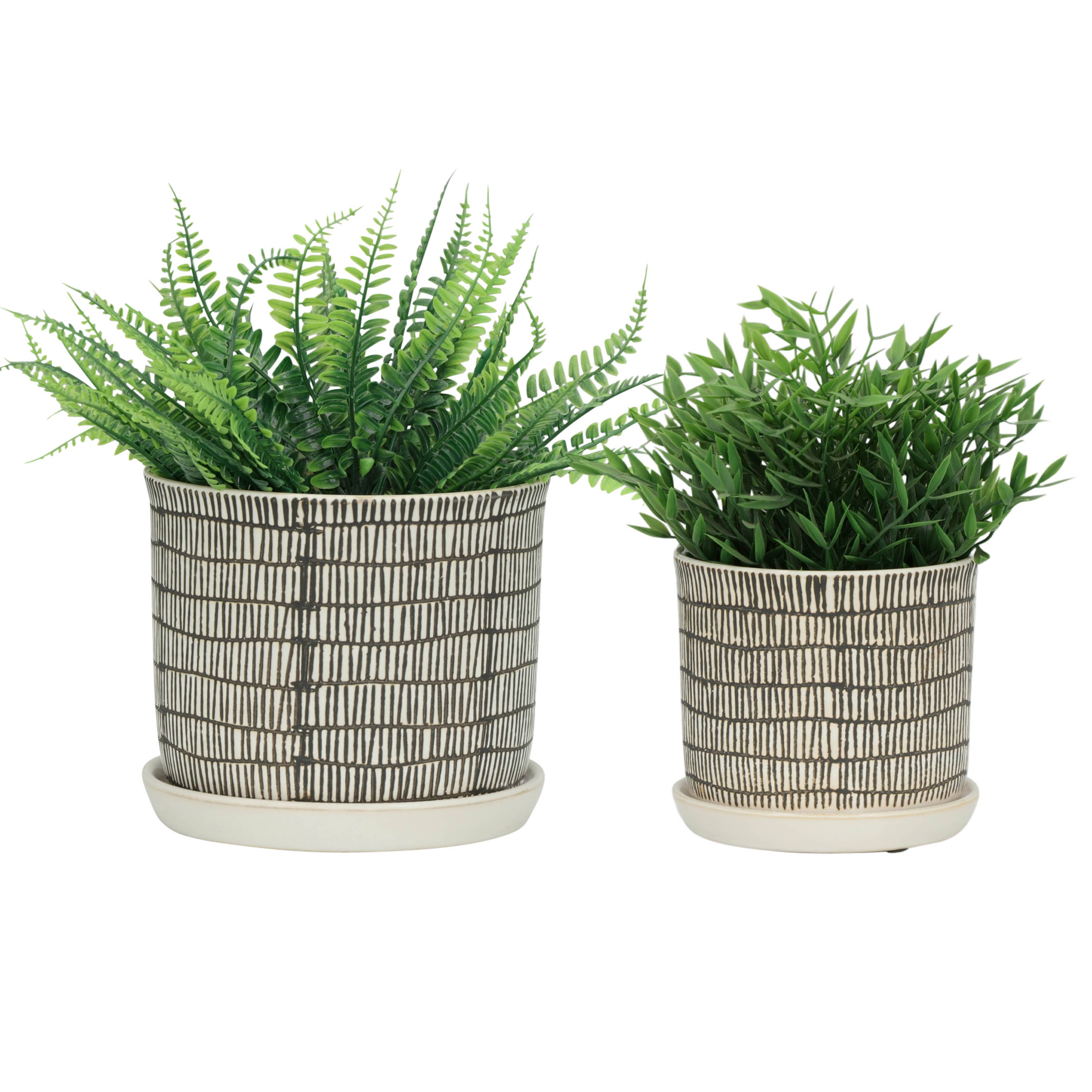 Sagebrook Home - Planters Set of 2 - Ivory Ceramic Line with Saucer, 6/8 in.