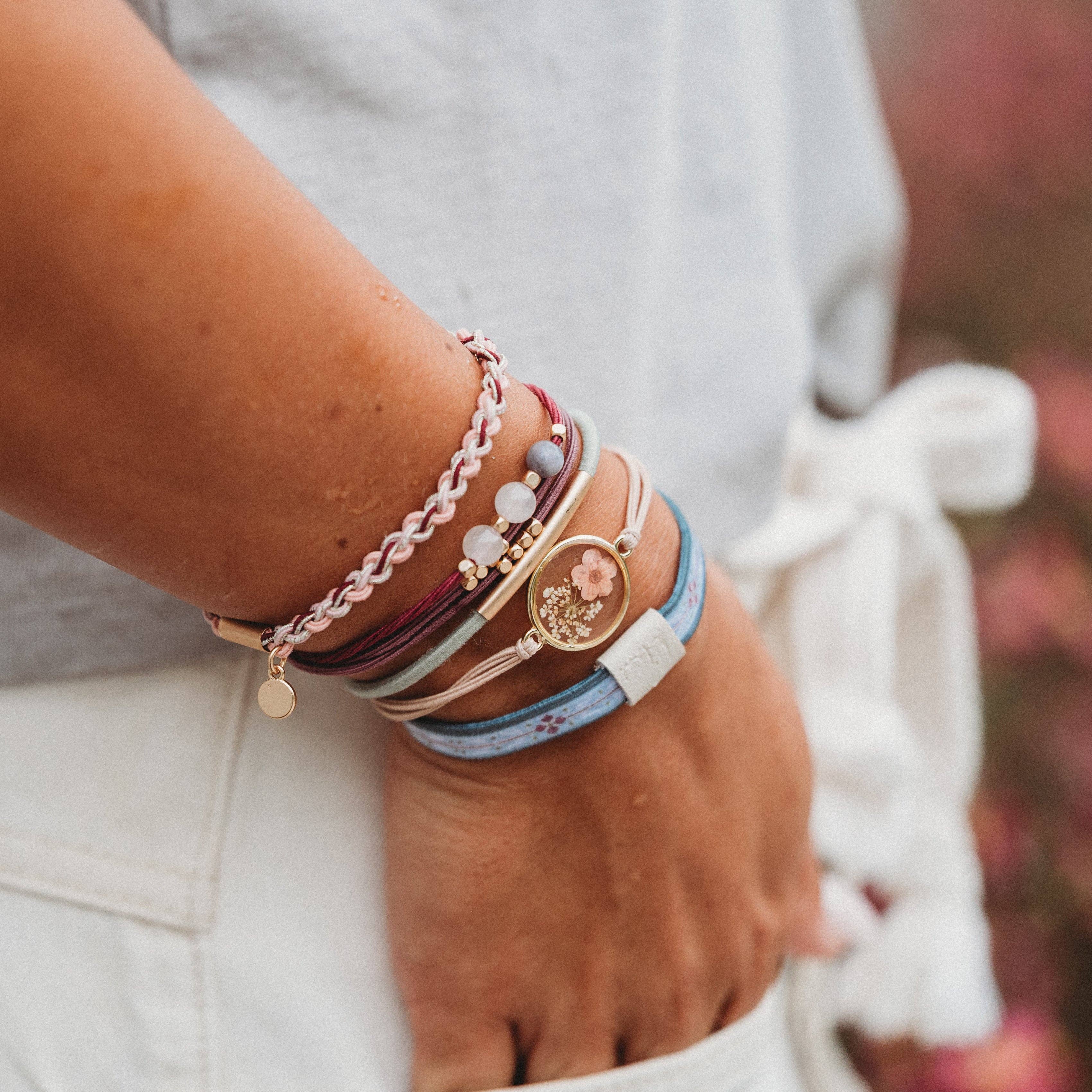 "Bloom" Maroon and Pink with Pressed Flowers Hair Tie Bracelets-K'lani hair tie bracelets
