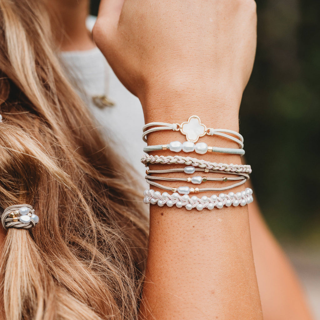 "Glimmer" Soft Pinks with Pearl and Gold Accent Hair Tie Bracelets- K'lani hair tie bracelets