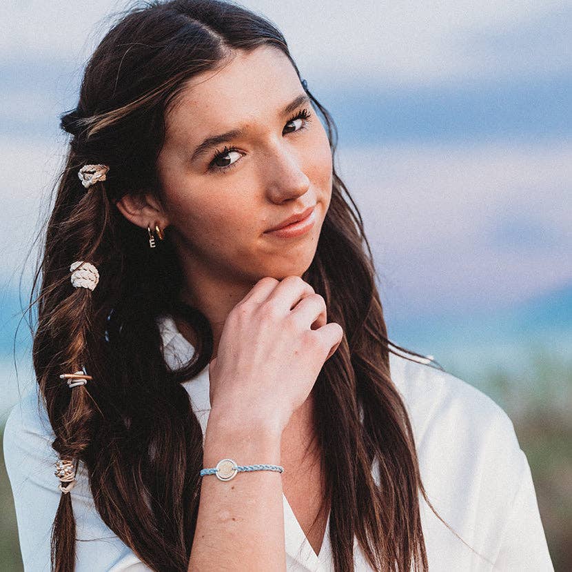 "Wonder" Soft Creams and Blues with Pearls and Gold Hair Tie Bracelets-K'lani hair tie bracelets
