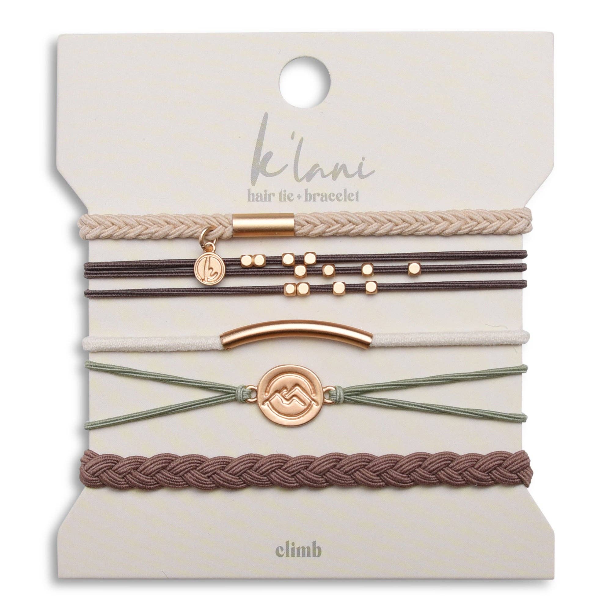 "Climb" Natural Colors with Gold Mountain Accent hair Tie Bracelets- K'lani hair tie bracelets