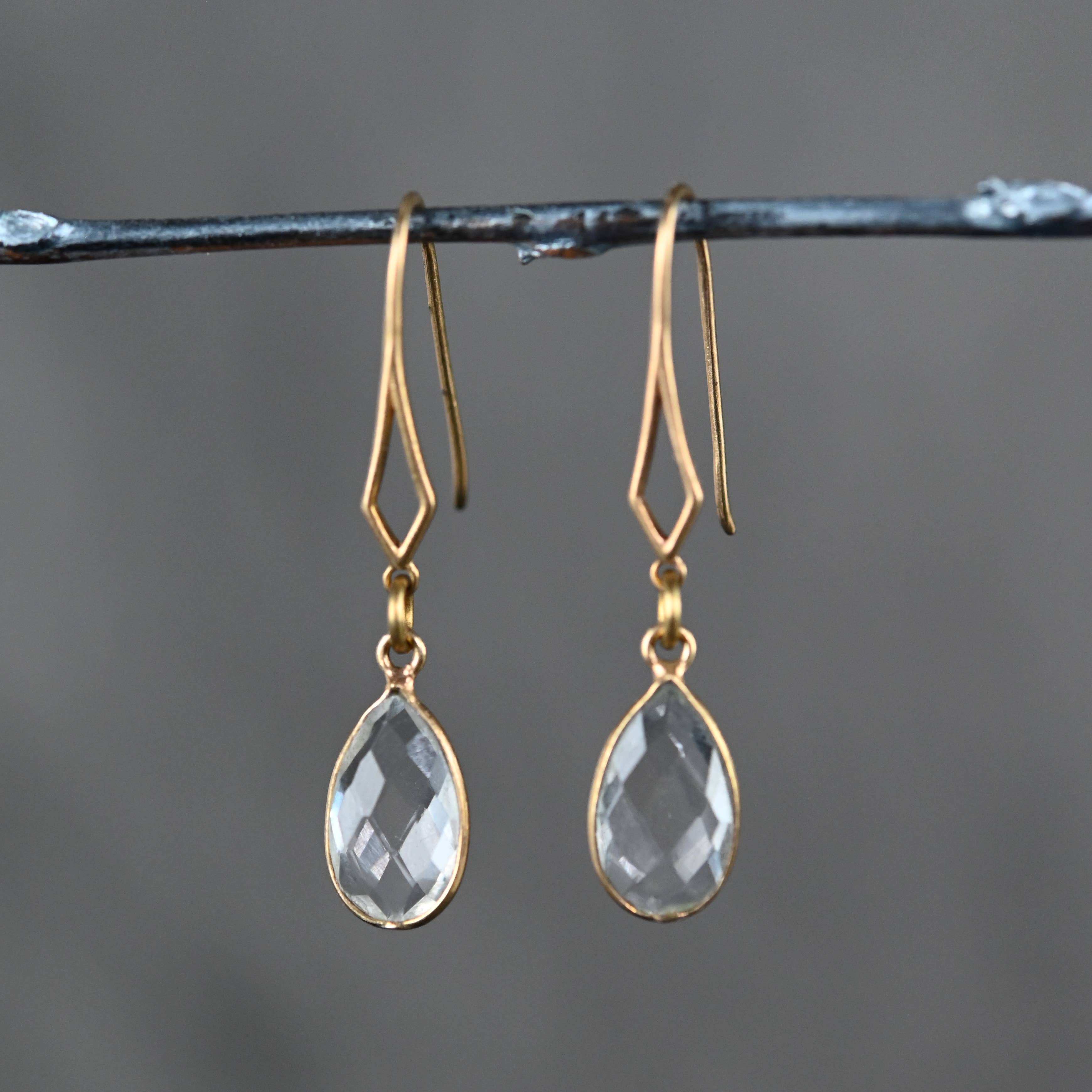 Diamond Hook Dangle Earrings with Crystal Tear Drop