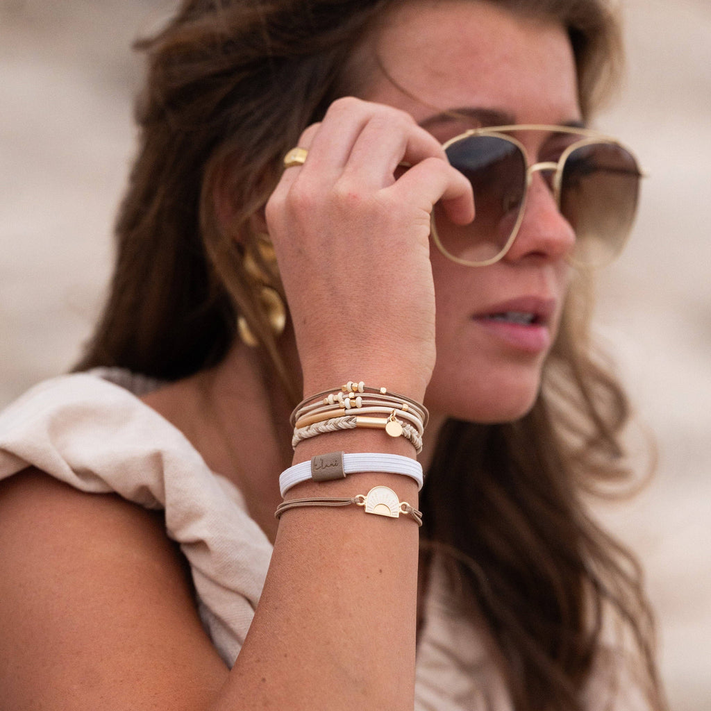 "Rise" Cream and Tan With Gold and Sun Accents Hair Tie Bracelets- K'lani hair tie bracelets