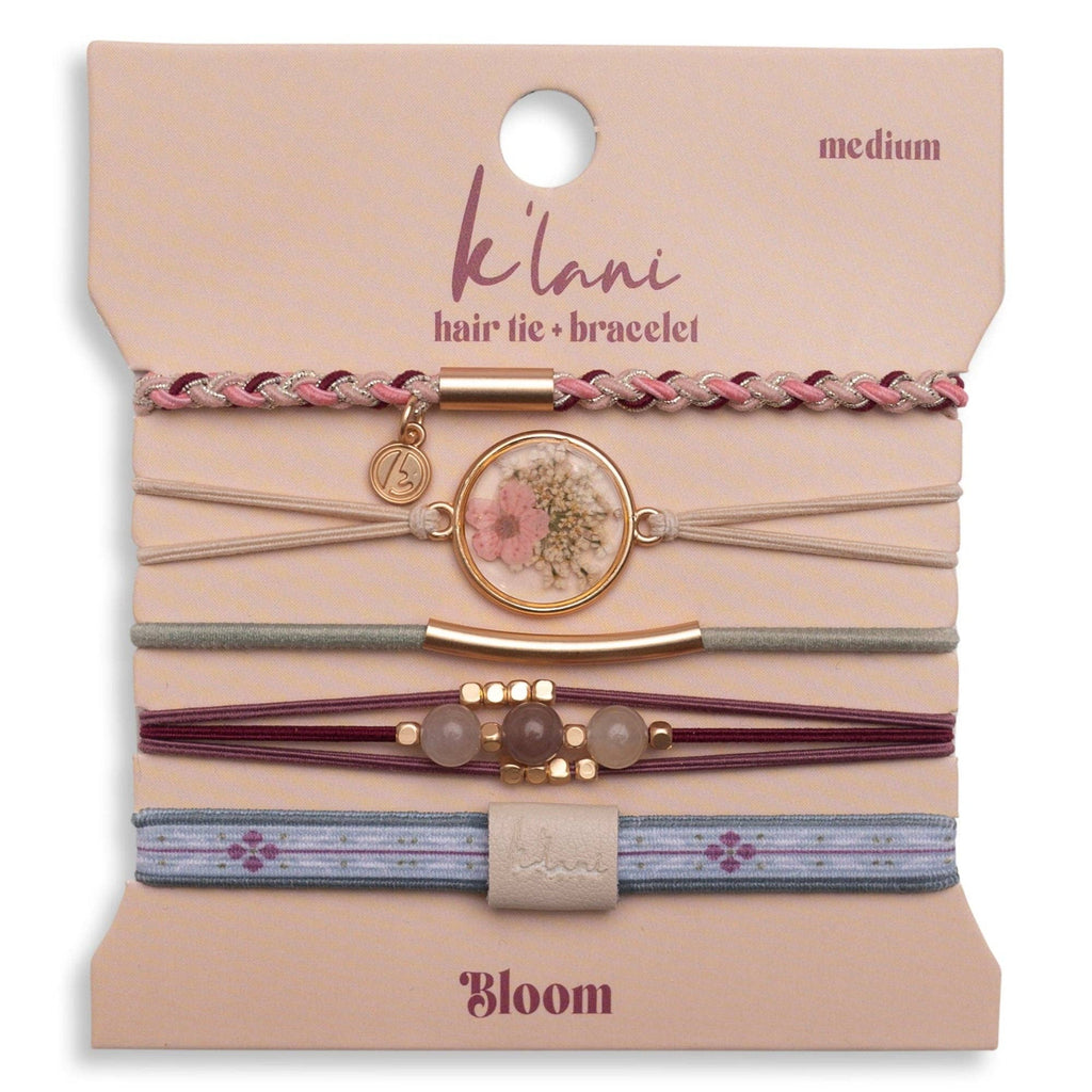 "Bloom" Maroon and Pink with Pressed Flowers Hair Tie Bracelets-K'lani hair tie bracelets