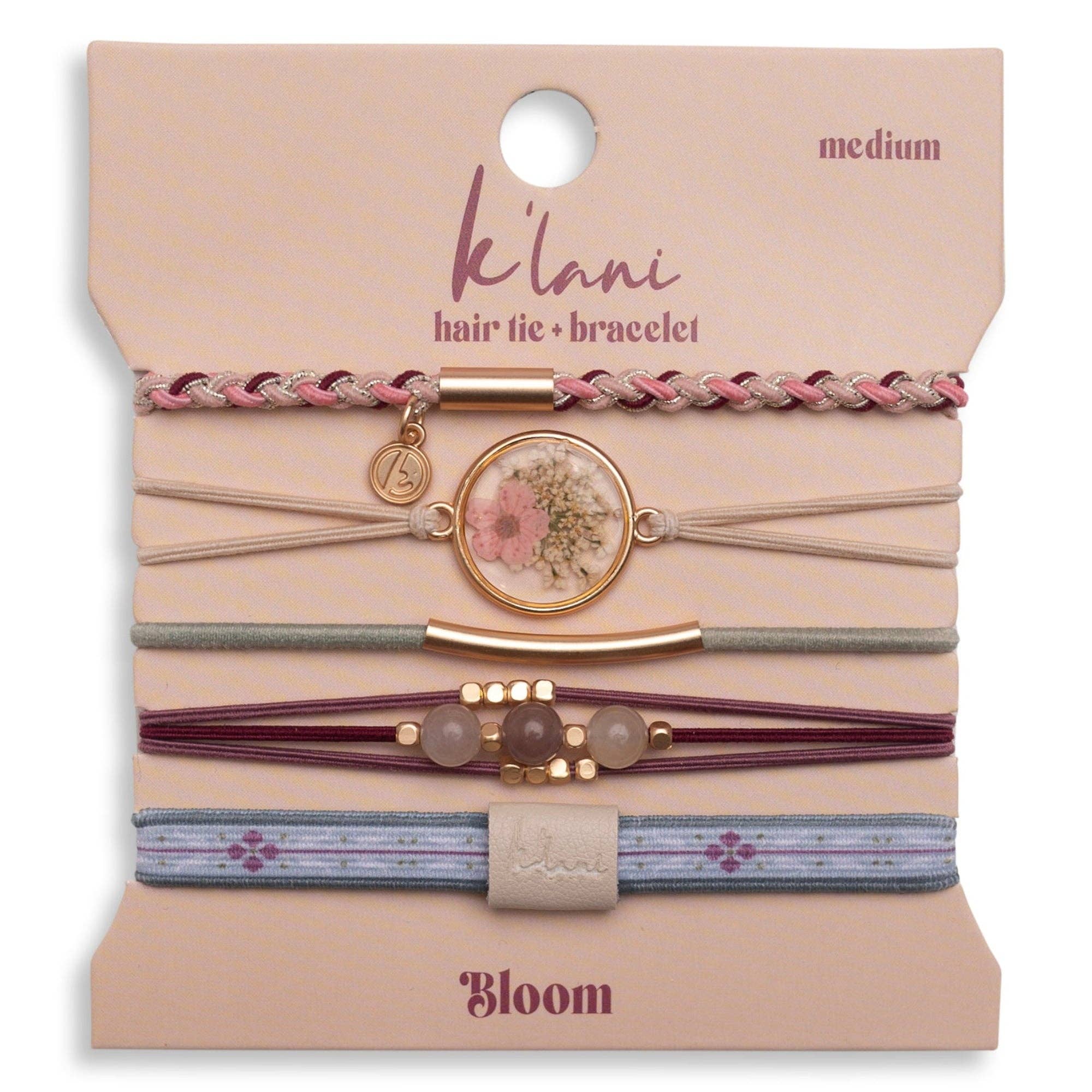 "Bloom" Maroon and Pink with Pressed Flowers Hair Tie Bracelets-K'lani hair tie bracelets