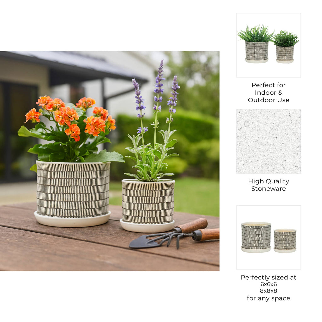 Sagebrook Home - Planters Set of 2 - Ivory Ceramic Line with Saucer, 6/8 in.