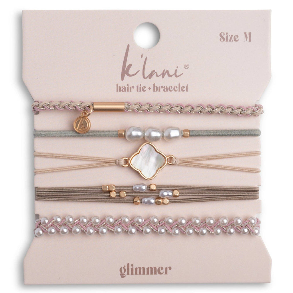 "Glimmer" Soft Pinks with Pearl and Gold Accent Hair Tie Bracelets- K'lani hair tie bracelets