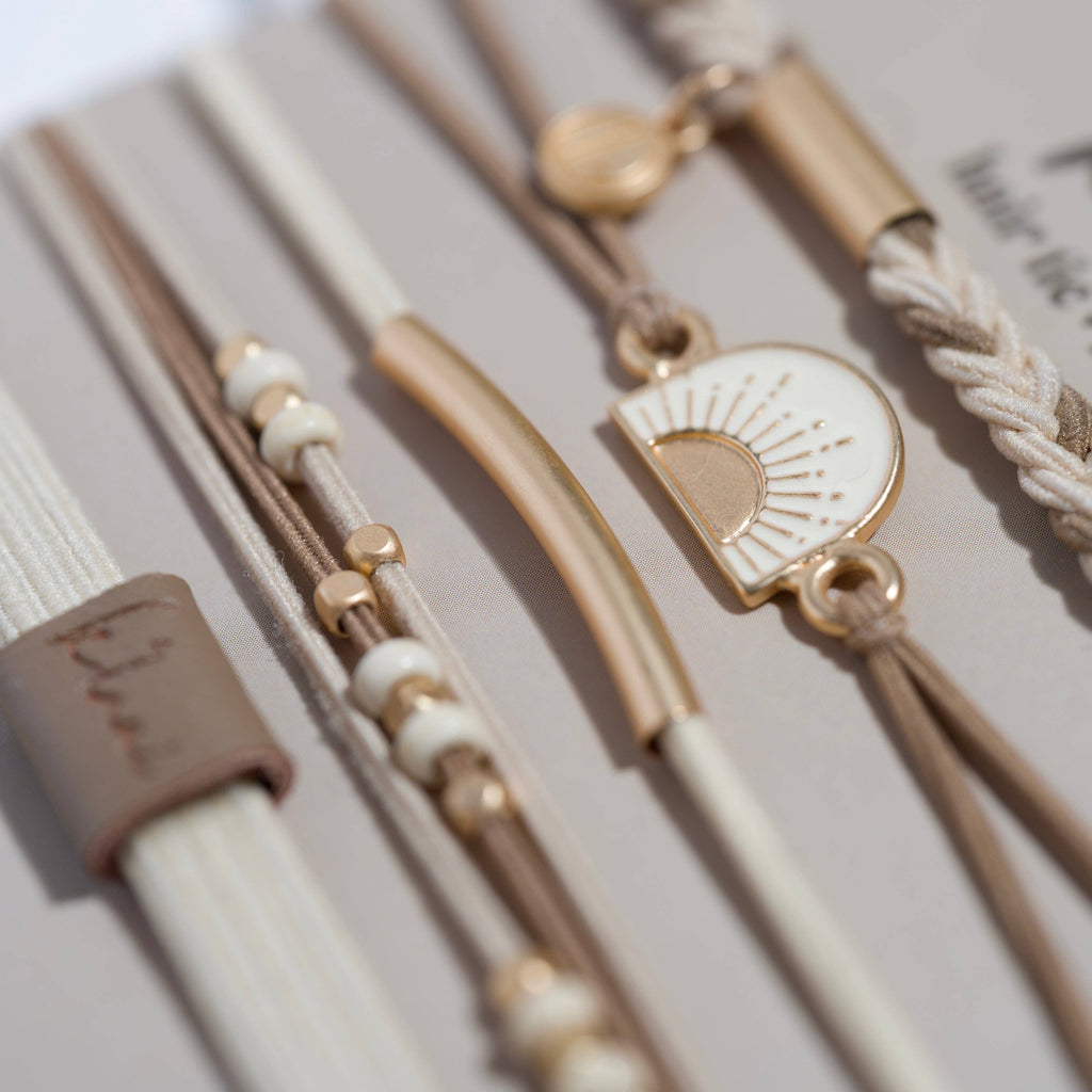 "Rise" Cream and Tan With Gold and Sun Accents Hair Tie Bracelets- K'lani hair tie bracelets