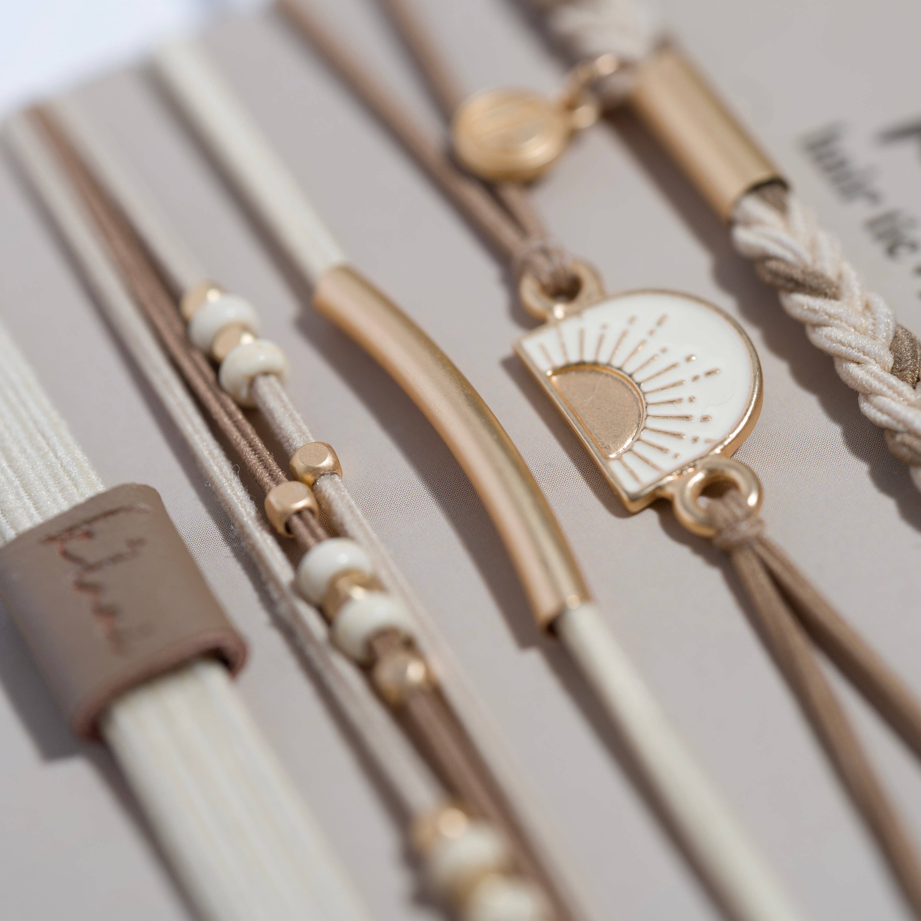 "Rise" Cream and Tan With Gold and Sun Accents Hair Tie Bracelets- K'lani hair tie bracelets