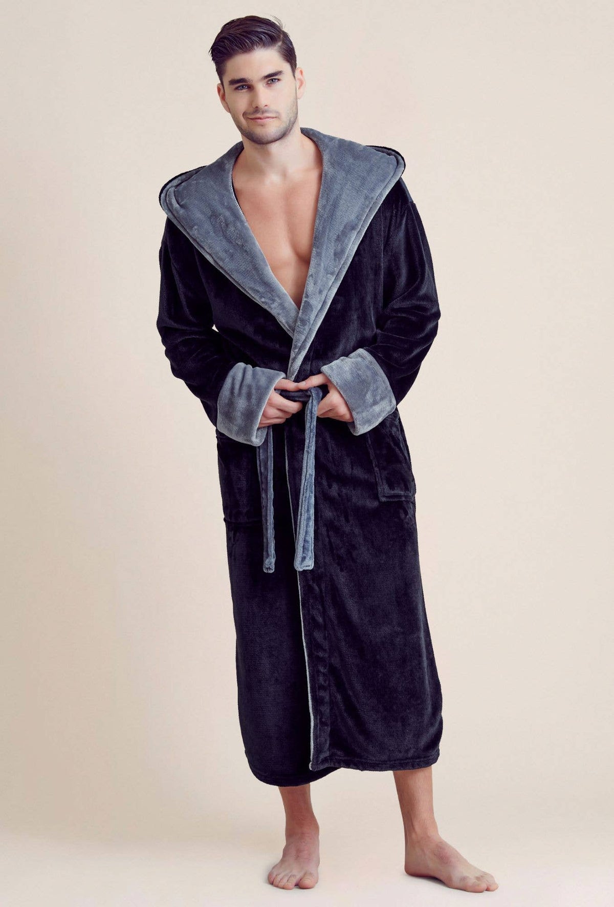robesnmore - Men Plush Shawl Collar Robe  Black  & Gray
