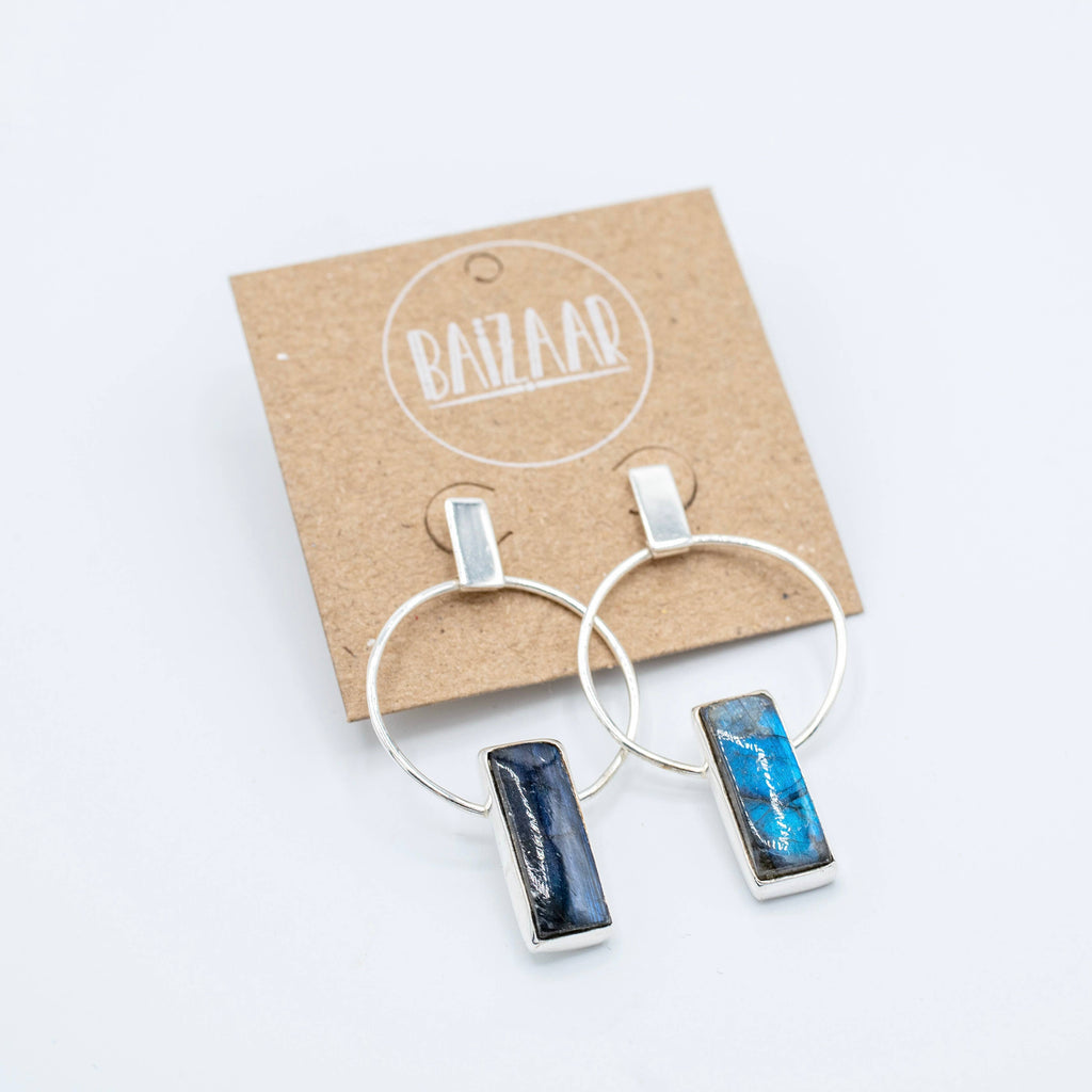Sterling Silver Plated Labradorite Deco Earring - 2 Micron