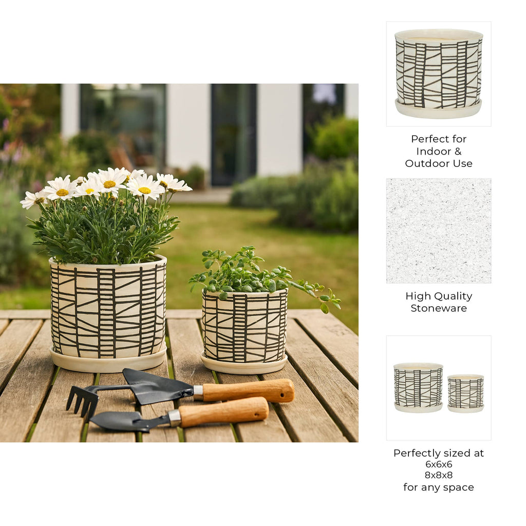Sagebrook Home - Planters Set of 2 - Beige Ceramic Geometric Saucer, 6/8 in.