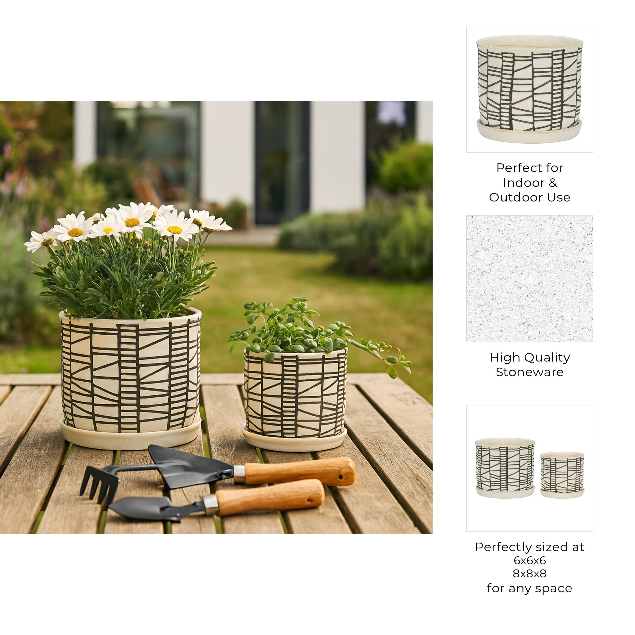 Sagebrook Home - Planters Set of 2 - Beige Ceramic Geometric Saucer, 6/8 in.