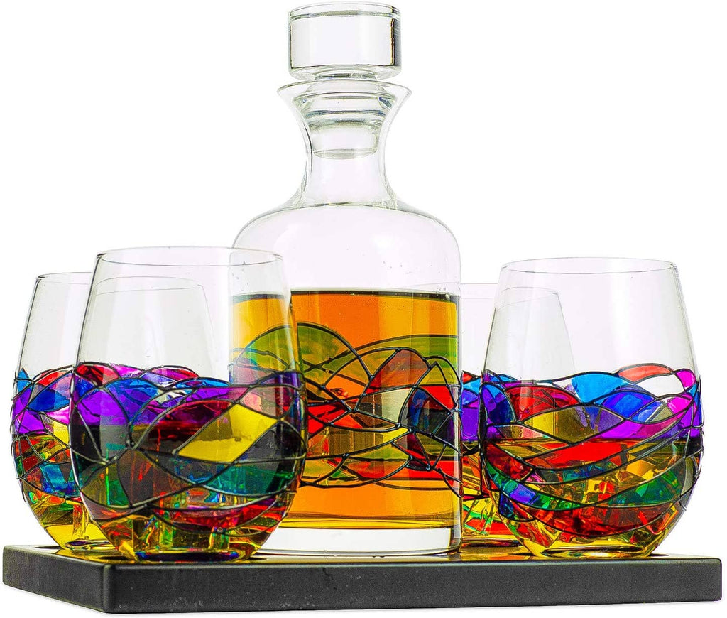 Renaissance Stain-glassed Windows Wine Decanter & 4 Glasses