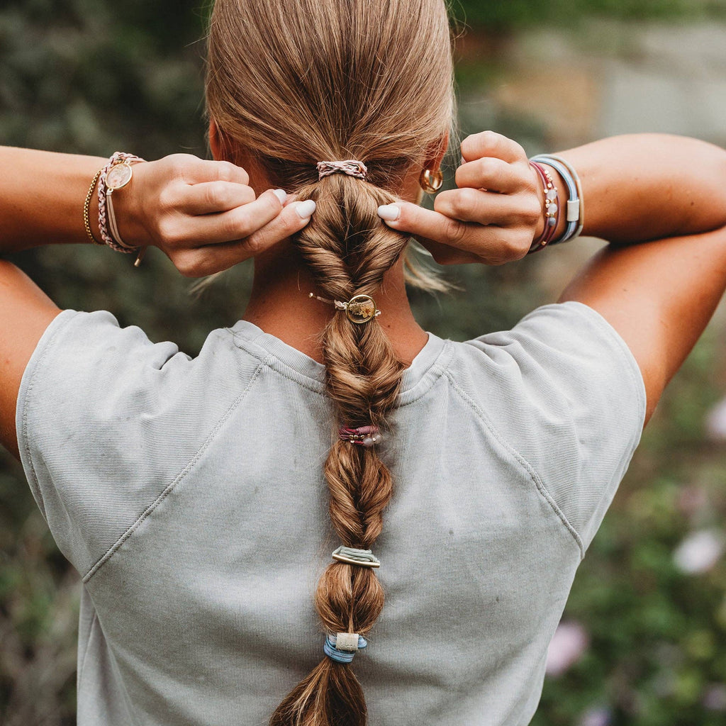 "Bloom" Maroon and Pink with Pressed Flowers Hair Tie Bracelets-K'lani hair tie bracelets