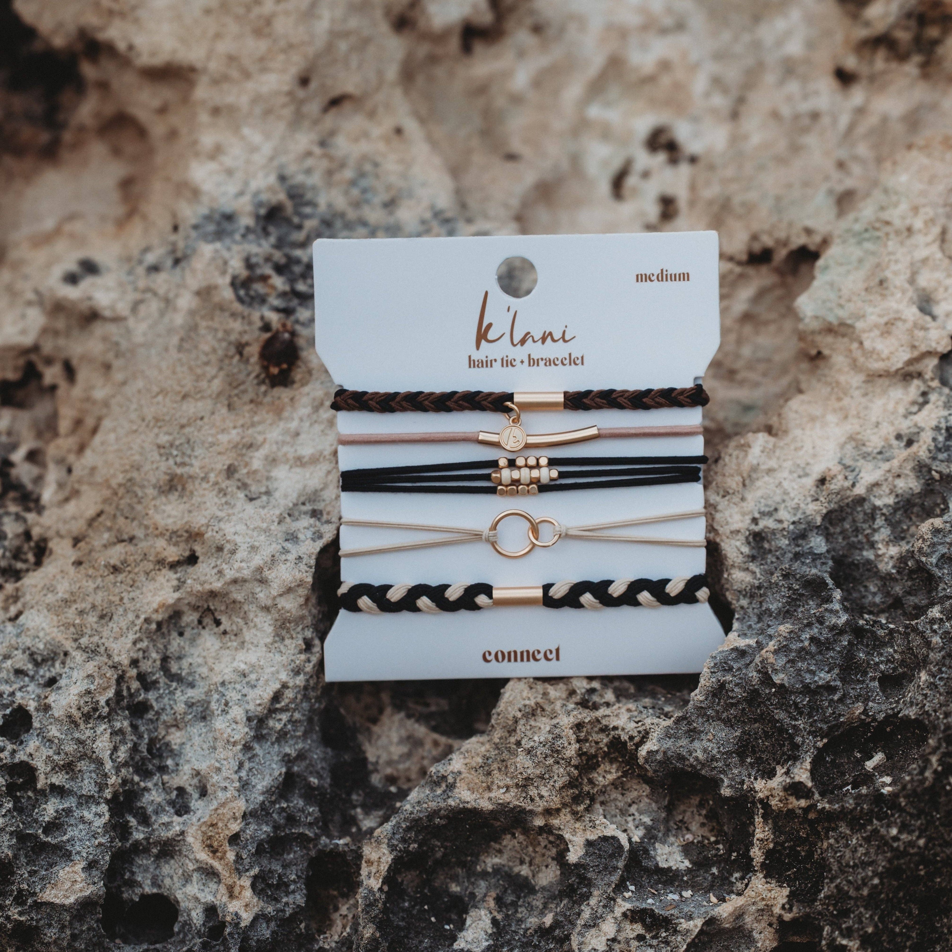 "Connect" Black and Cream with Gold Accent Hair Tie Bracelets-K'lani hair tie bracelets
