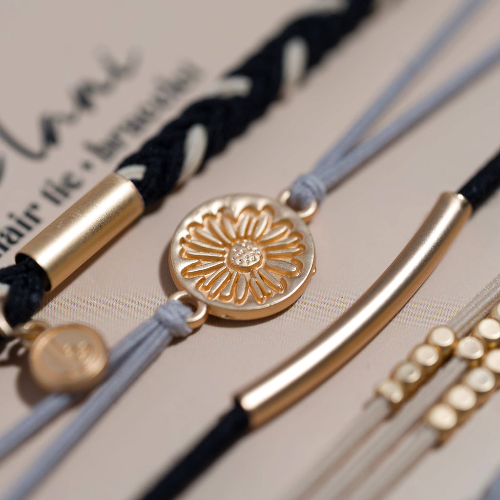 "Inspire" Grey and Black with Gold Flower Accent Hair Tie Bracelets- K'lani hair tie bracelets