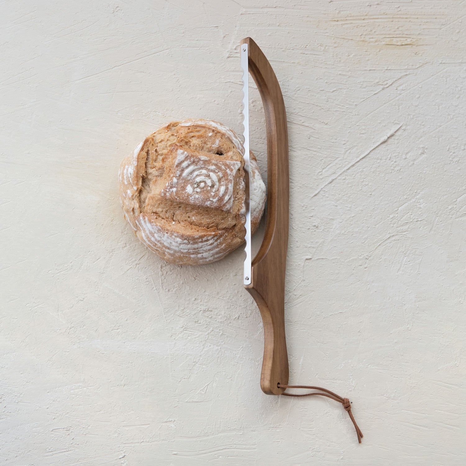 Wood Bread Bow Knife w/ Stainless Steel Blade & Faux Leather Tie, Natural