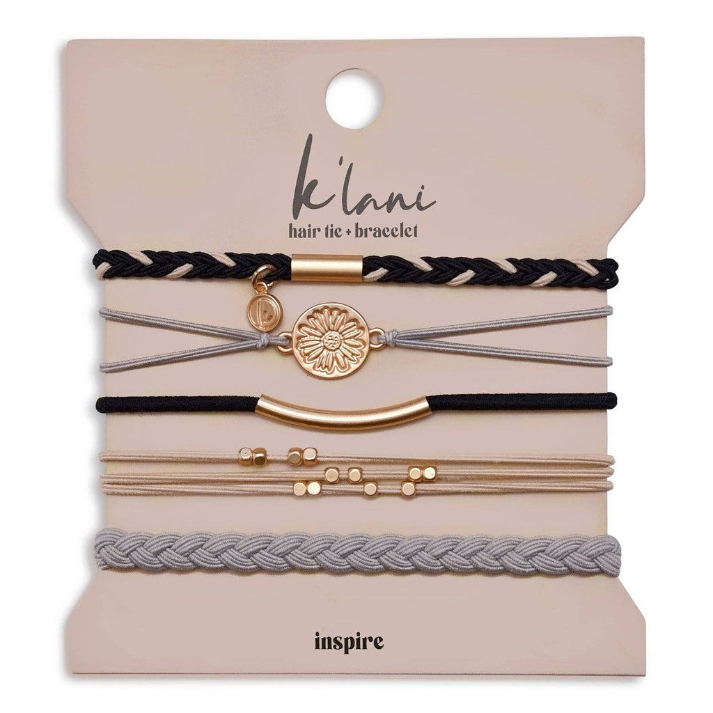 "Inspire" Grey and Black with Gold Flower Accent Hair Tie Bracelets- K'lani hair tie bracelets