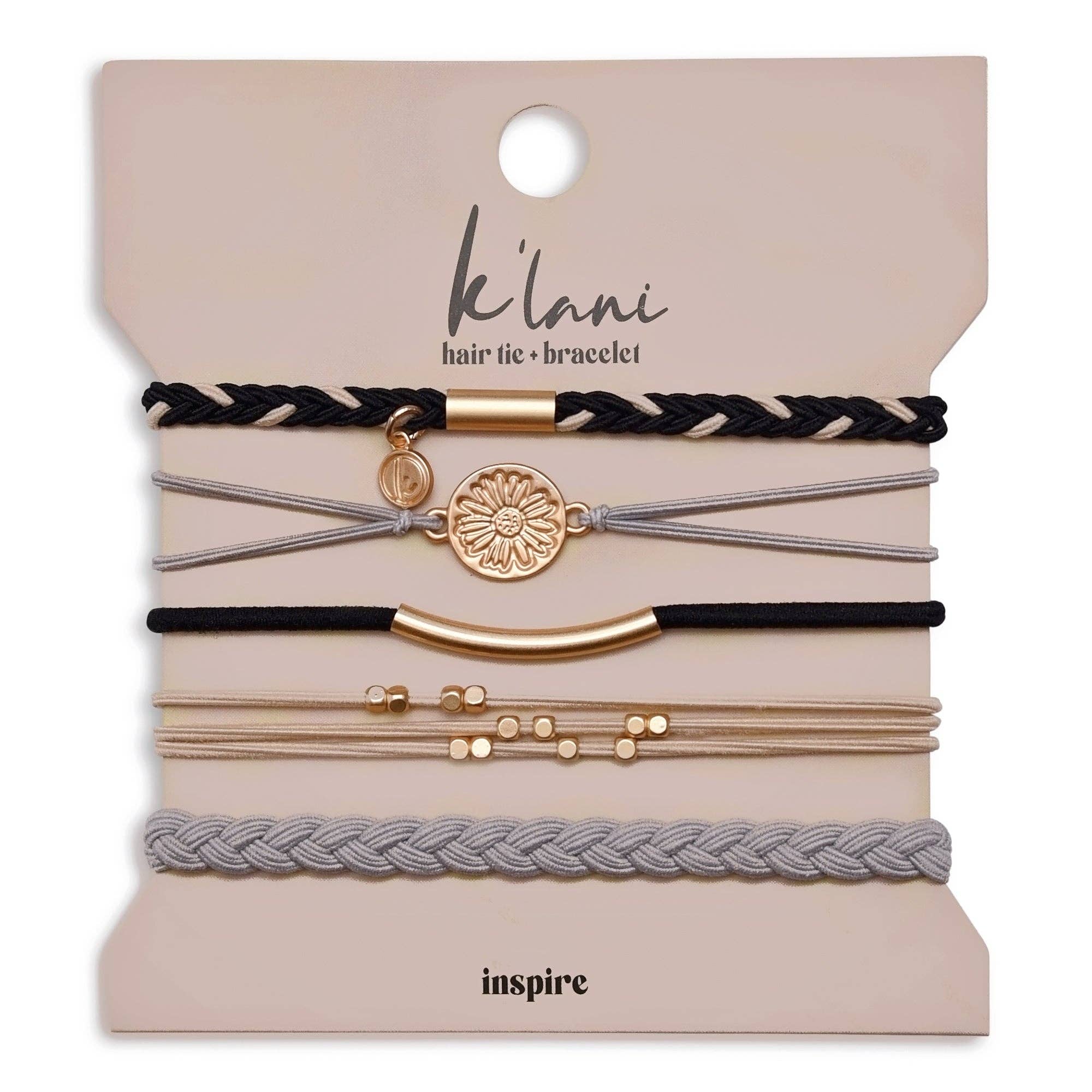 "Inspire" Grey and Black with Gold Flower Accent Hair Tie Bracelets- K'lani hair tie bracelets