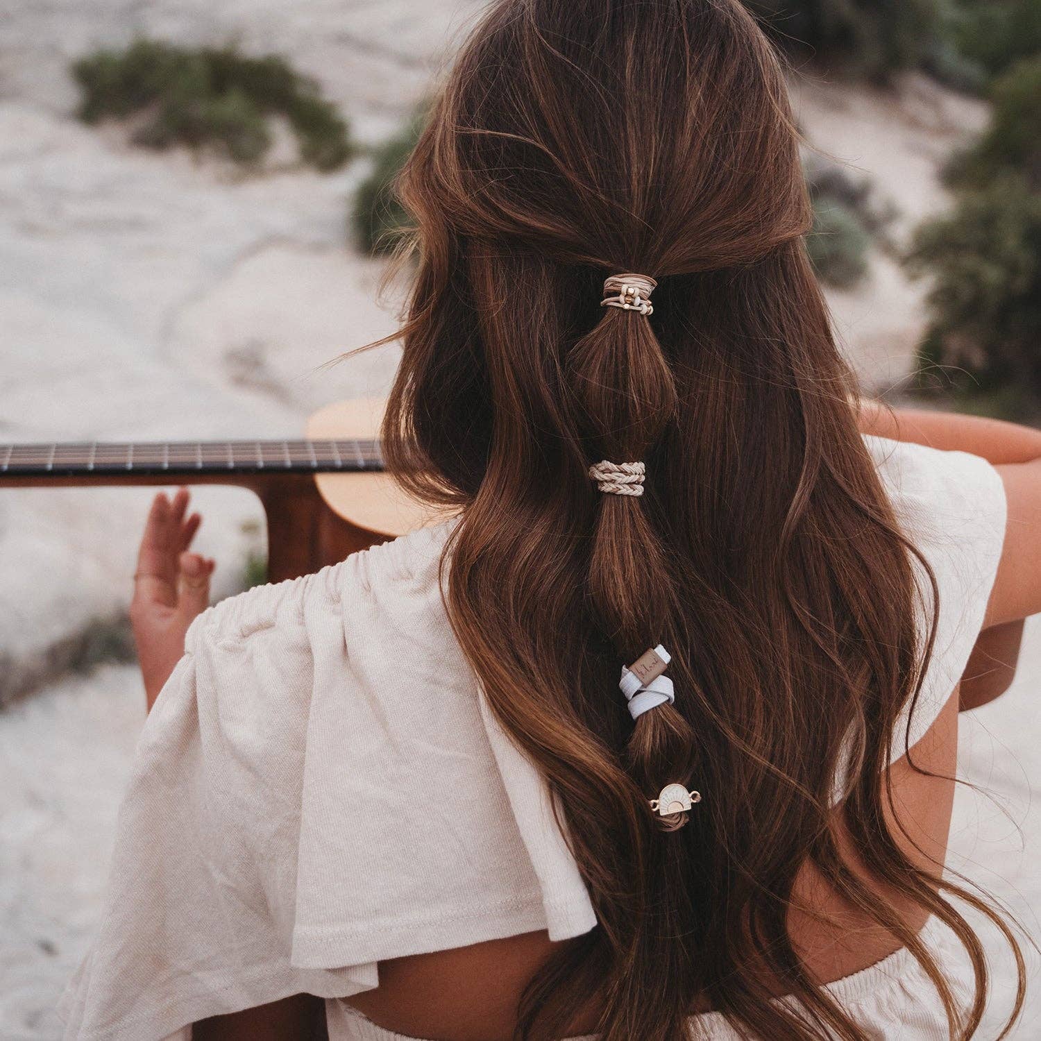 "Rise" Cream and Tan With Gold and Sun Accents Hair Tie Bracelets- K'lani hair tie bracelets