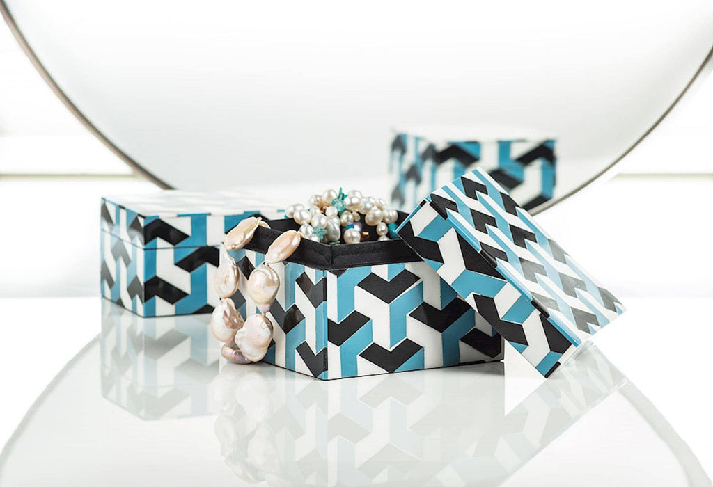 Set of 2 Square Mosaic Boxes-Blue