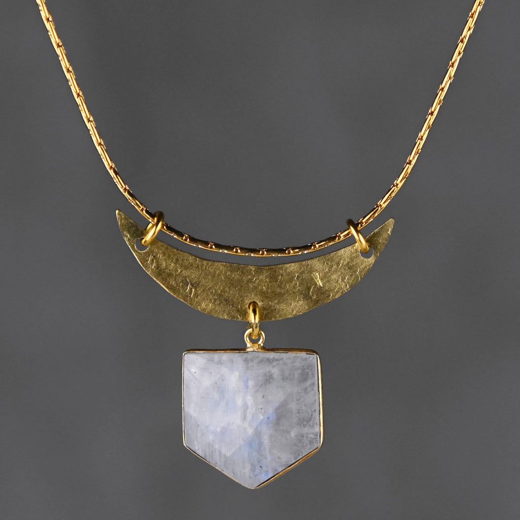 Hammered Moon & Semi Precious Shield Necklace
