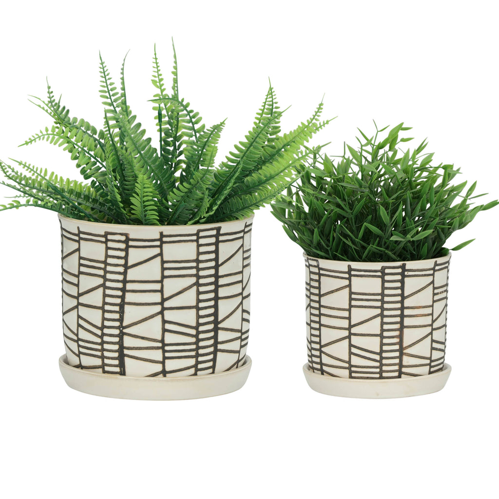 Sagebrook Home - Planters Set of 2 - Beige Ceramic Geometric Saucer, 6/8 in.