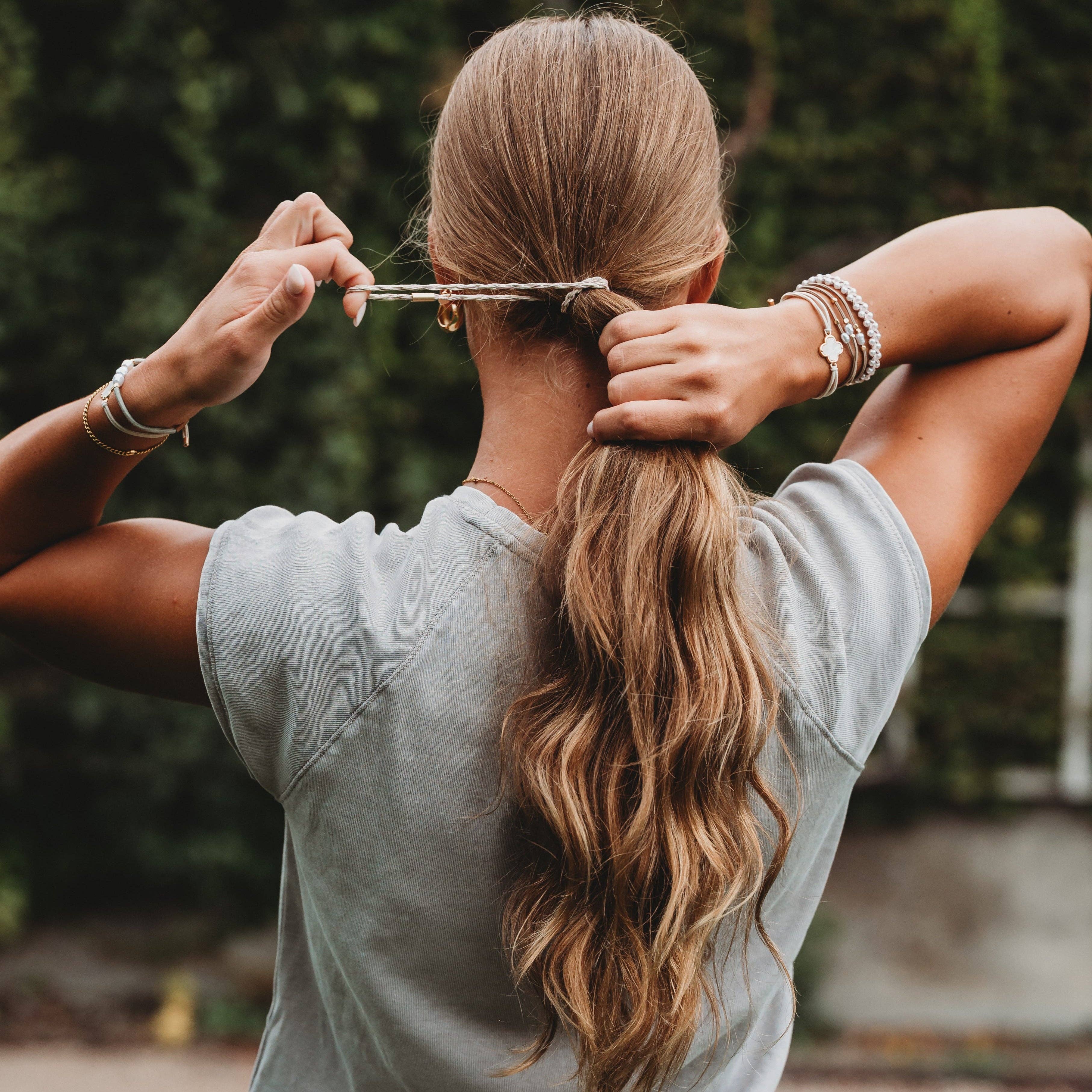 "Glimmer" Soft Pinks with Pearl and Gold Accent Hair Tie Bracelets- K'lani hair tie bracelets