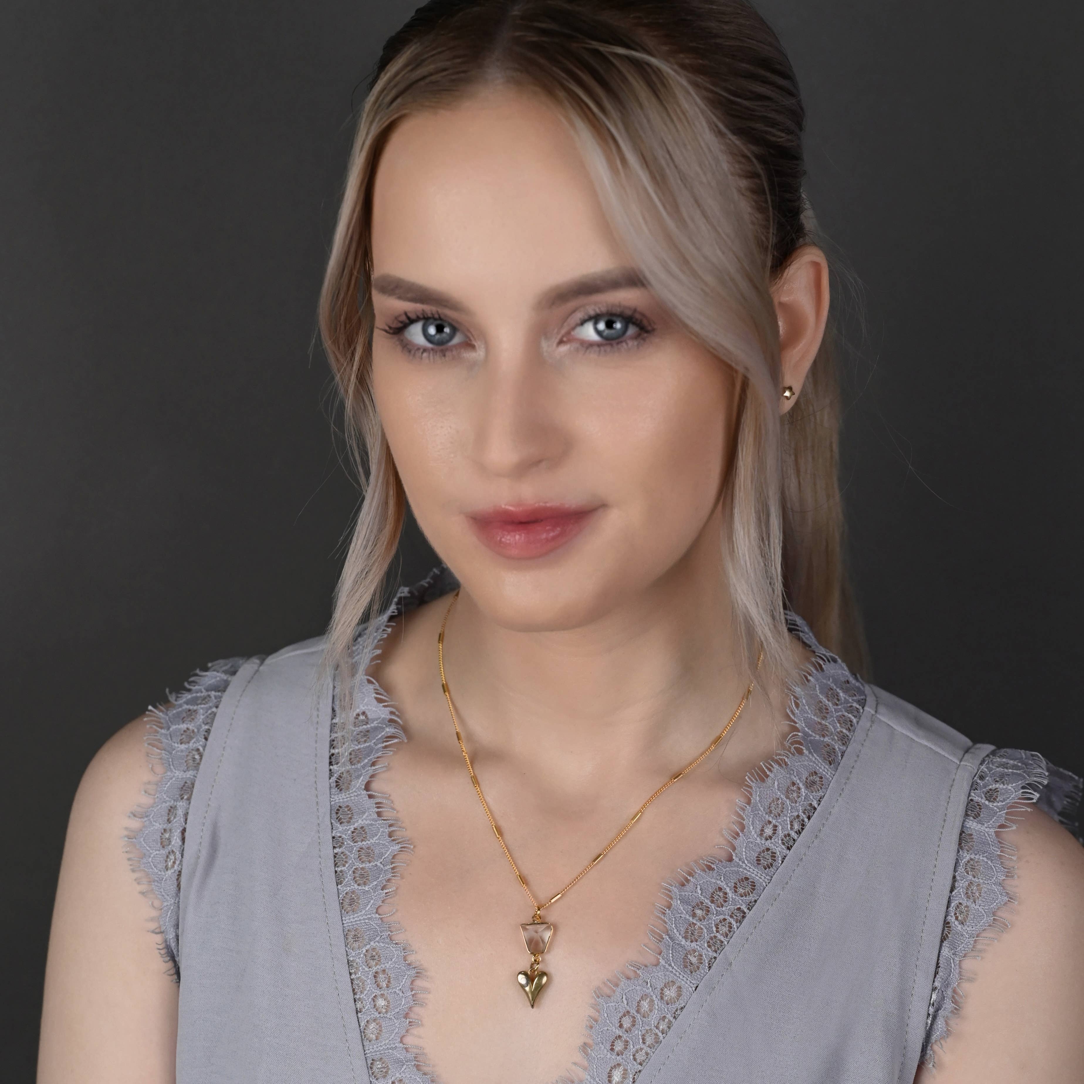 Brass Sculptured Heart w/ Crystal Quartz Necklace