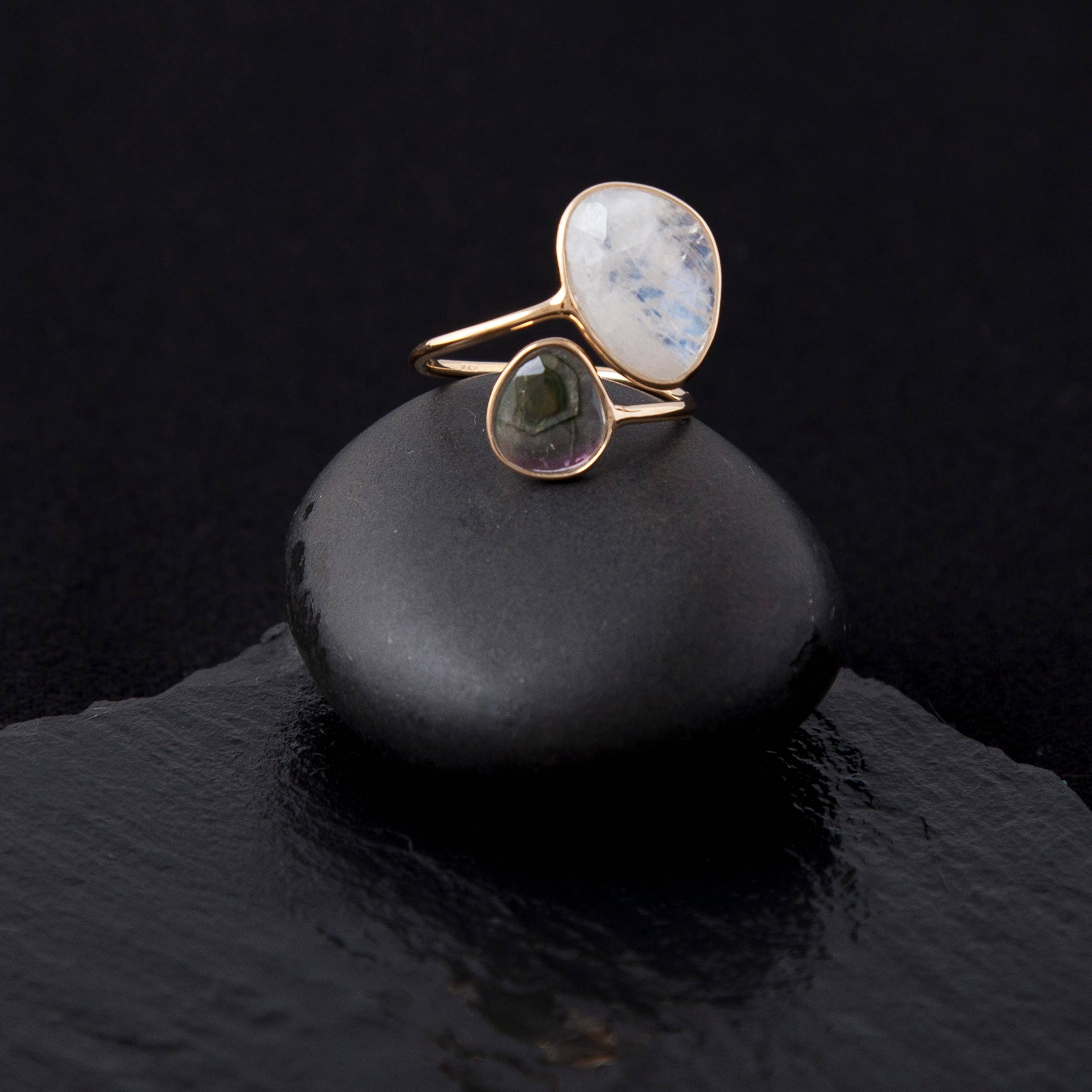 Baizaar - Gold Plated Moonstone and Tourmaline Ring