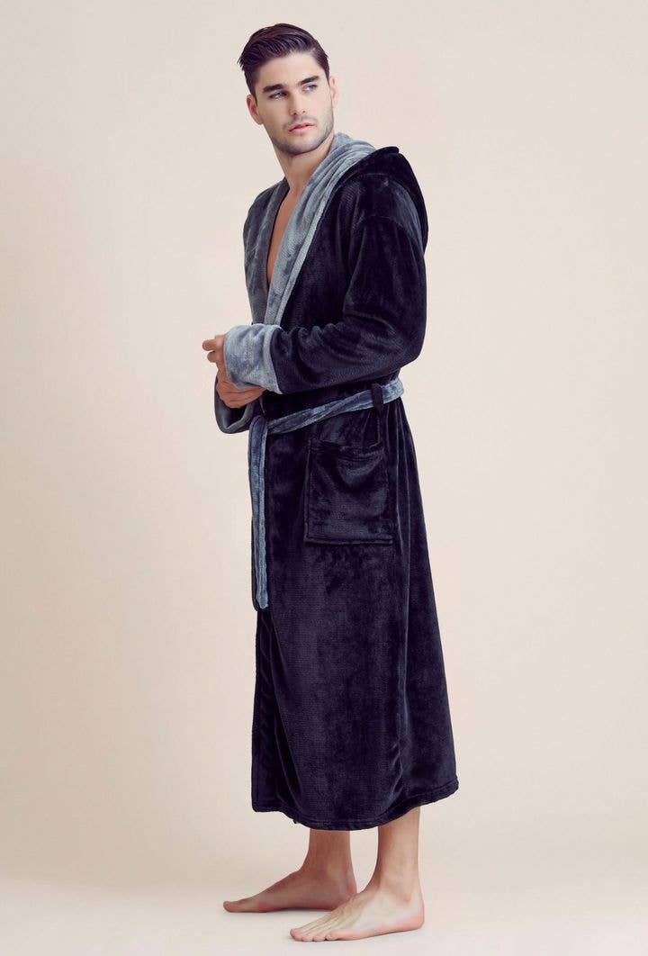 robesnmore - Men Plush Shawl Collar Robe  Black  & Gray