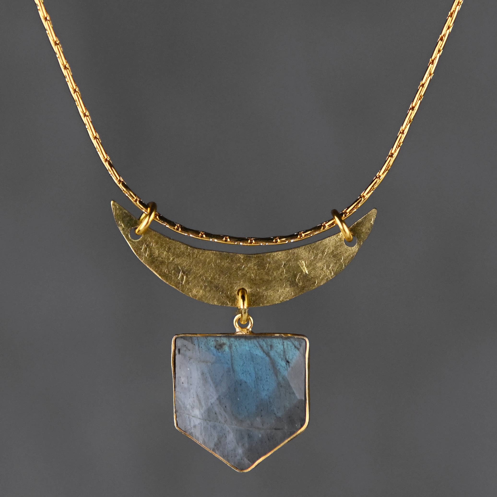 Hammered Moon & Semi Precious Shield Necklace