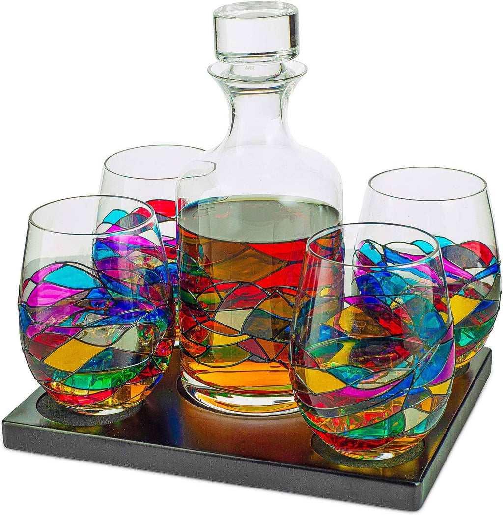 Renaissance Stain-glassed Windows Wine Decanter & 4 Glasses