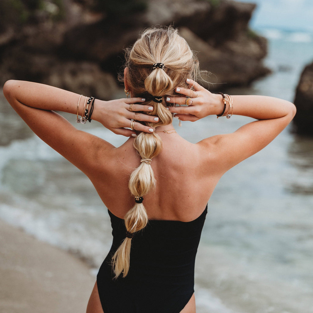"Connect" Black and Cream with Gold Accent Hair Tie Bracelets-K'lani hair tie bracelets