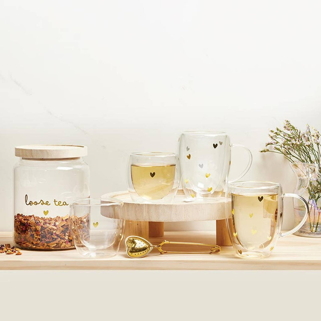 Gold Foil Hearts - Double-Wall Tea Cup with Handle -