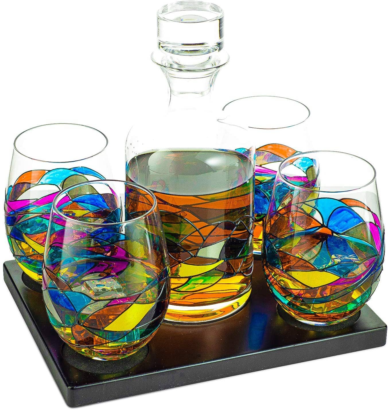 Renaissance Stain-glassed Windows Wine Decanter & 4 Glasses